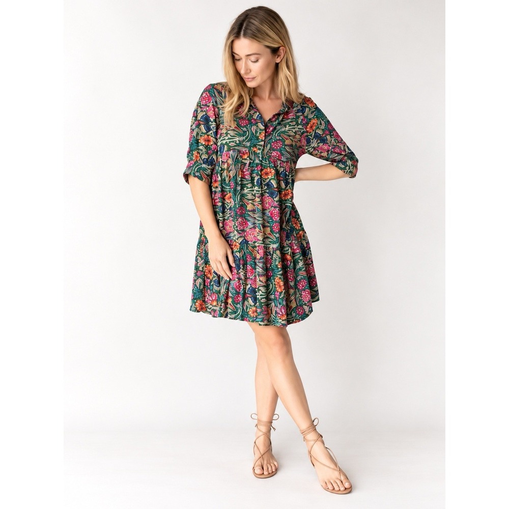 Natural Life Becca Mini Dress Women's Medium Green Floral Tiered Boho Flowy NWT